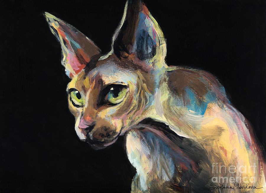 Sphinx Cat Painting - Intense Sphinx Sphynx Cat art painting by Svetlana Novikova