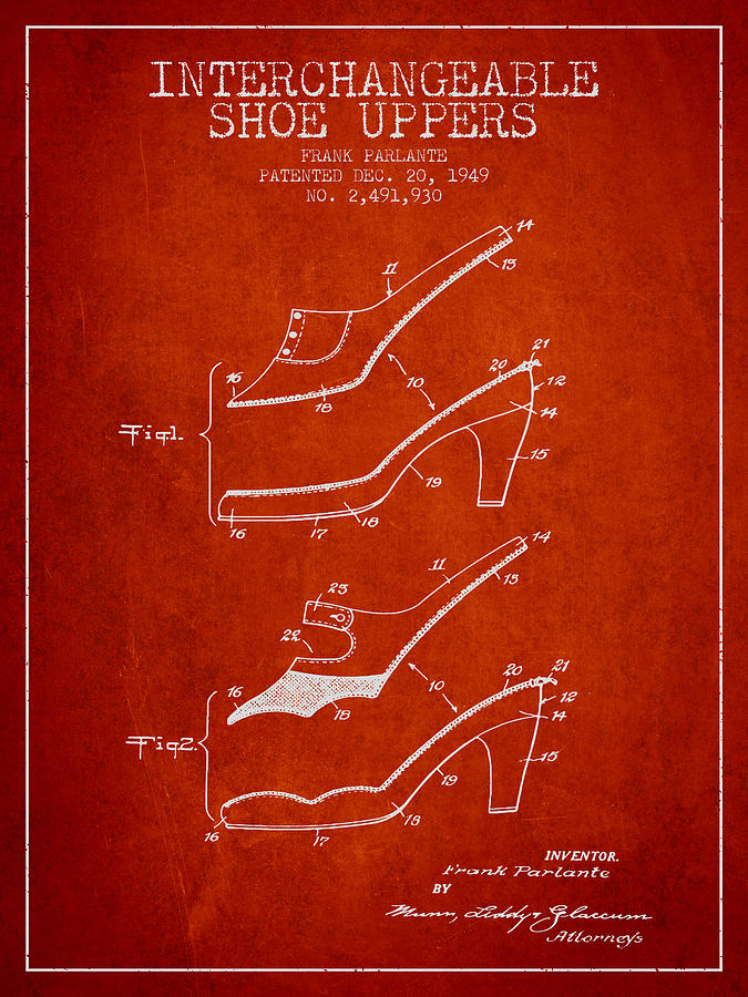 Boot Digital Art - Interchangeable Shoe Uppers patent from 1949 - Red by Aged Pixel