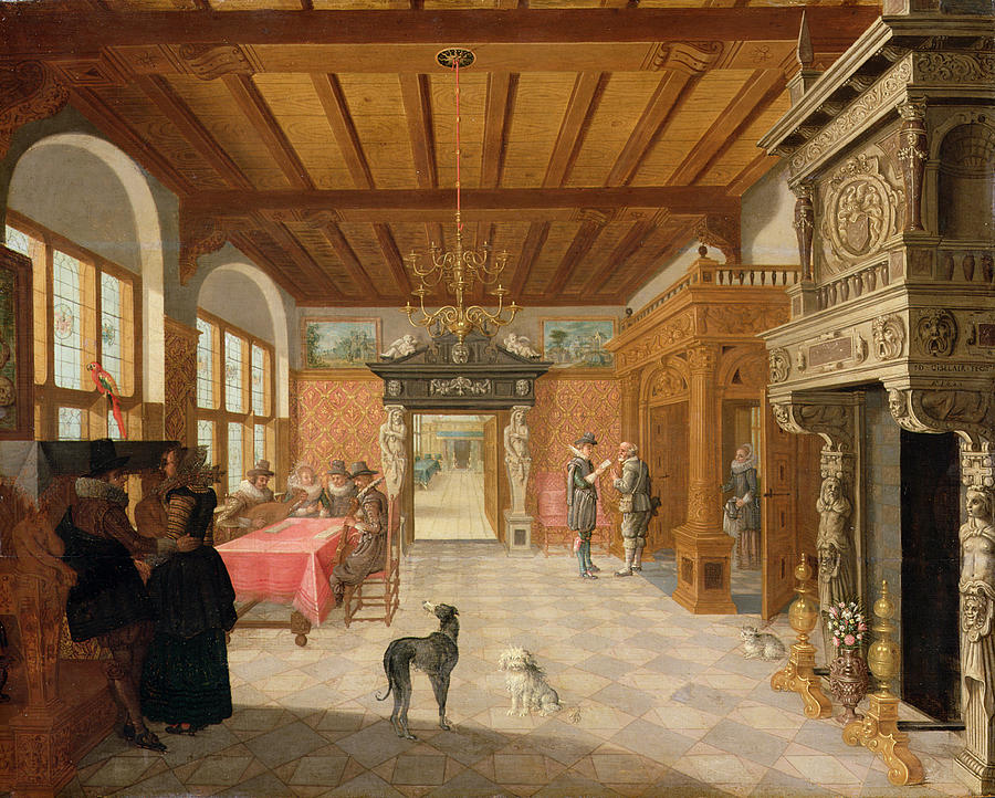 Dog Painting - Interior Of A Hall With Figures, 1621 by Nicolaes de Gyselaer