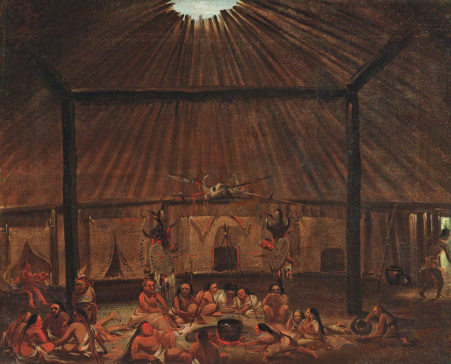 Interior of a Mandan lodge Painting by George Catlin