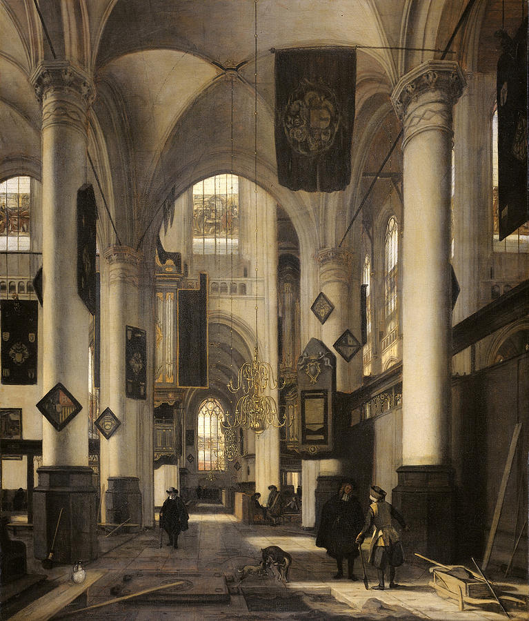 Interior of a Protestant Church with Gothic motifs of the Old and the New Church in Amsterdam Painting by Emanuel de Witte