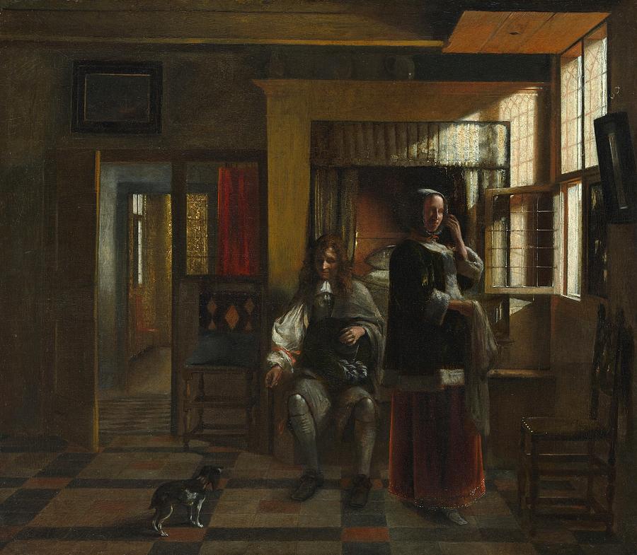 Portrait Painting - Interior with a Young Couple by Pieter de Hooch
