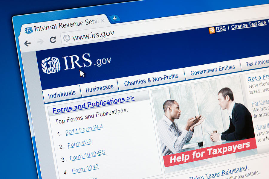 Internal Revenue Service (IRS) main page on the web browser. Photograph by Mgov