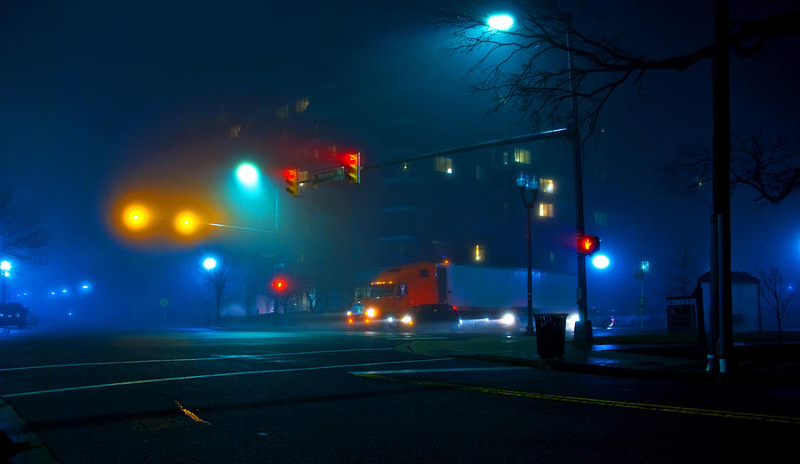 Winter Photograph - Intersection on a foggy night by Bill Jonscher
