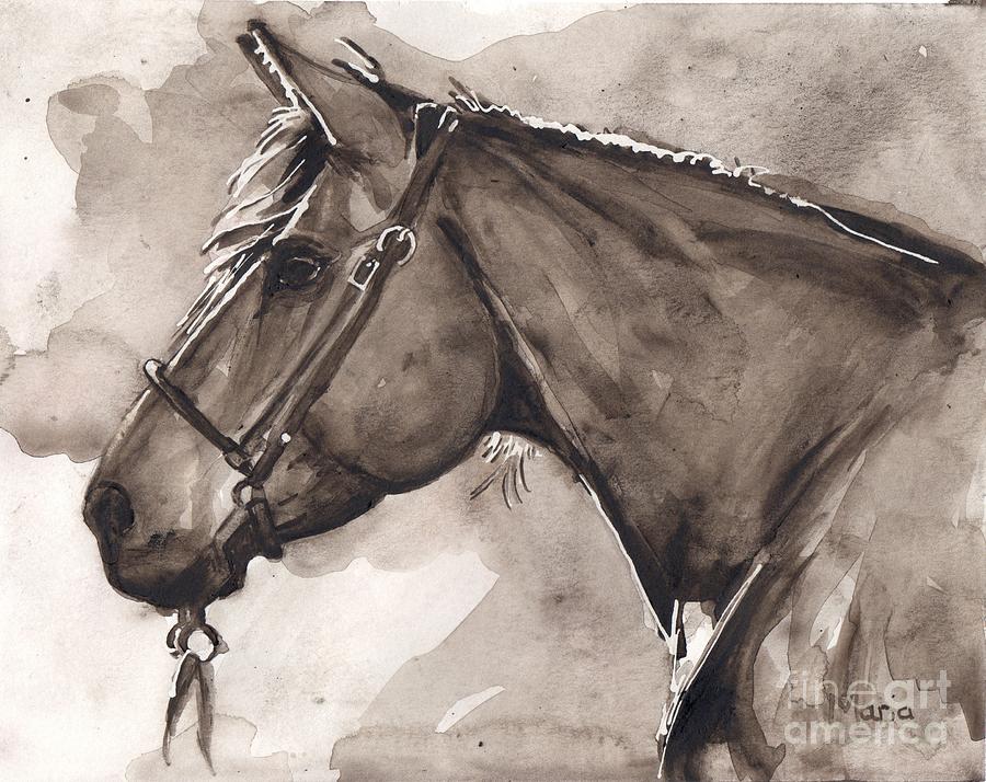 Weight painting. Horse in harness Watercolor. Maria Reichert artist.