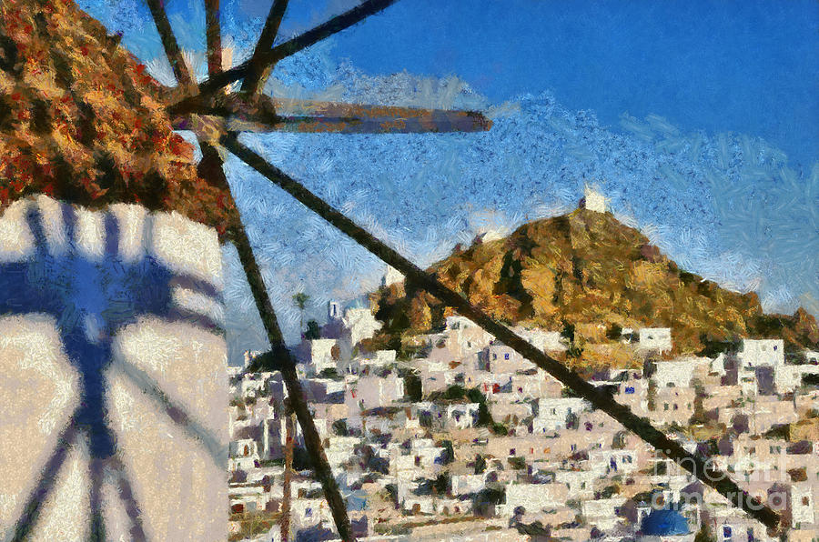 Ios town and windmill #5 Painting by George Atsametakis