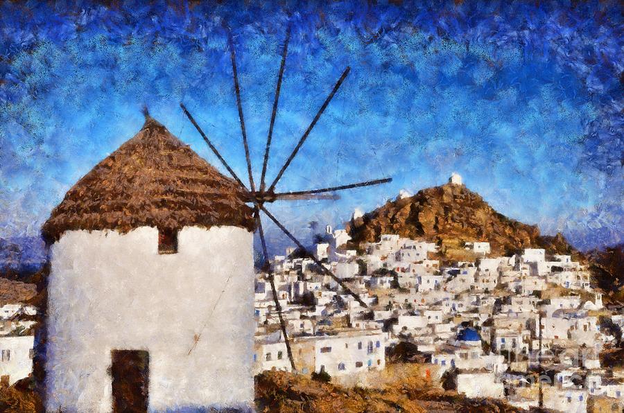 Ios town and windmill Painting by George Atsametakis