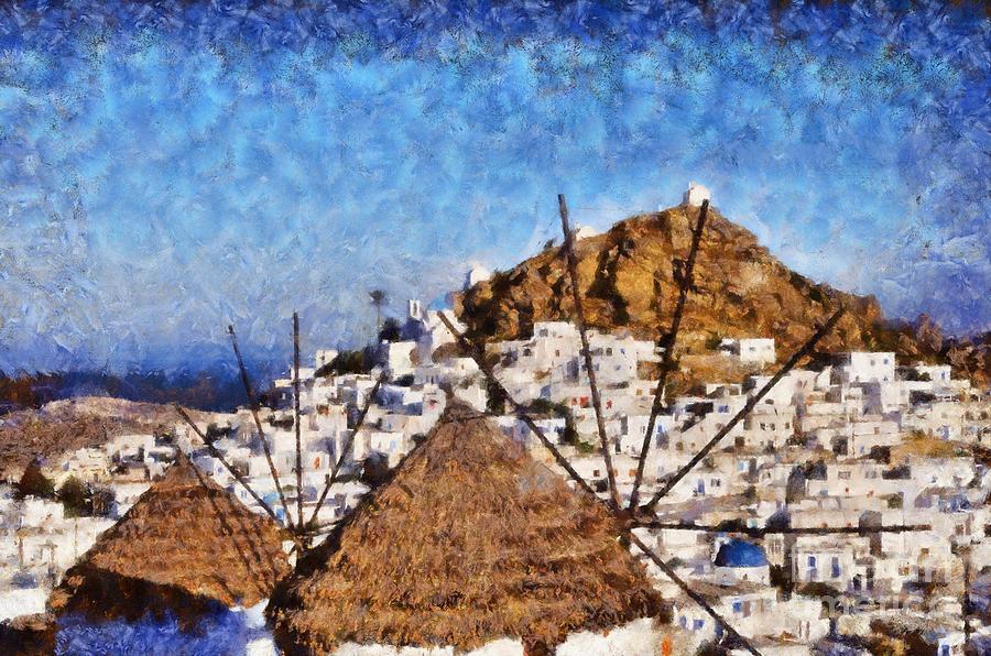 Ios town and windmills Painting by George Atsametakis