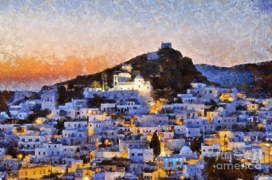 Ios town during sunset Painting by George Atsametakis