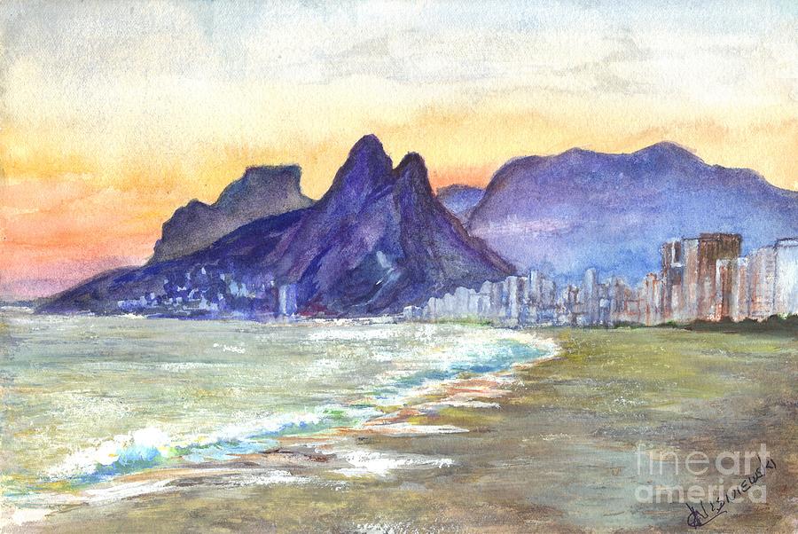 Sugarloaf Mountain and Ipanema Beach at Sunset Rio DeJaneiro  Brazil Painting by Carol Wisniewski