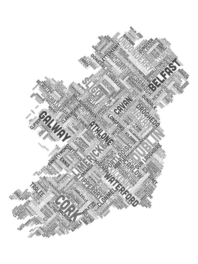 Typography Digital Art - Ireland Eire City Text map by Michael Tompsett