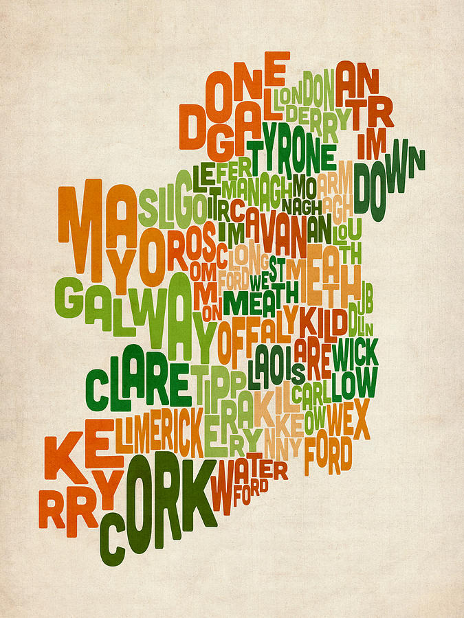 Typography Digital Art - Ireland Eire County Text Map by Michael Tompsett