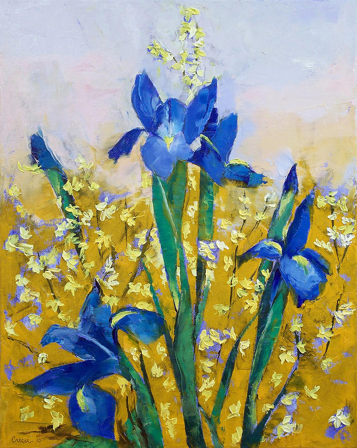 Iris and Forsythia Painting by Michael Creese