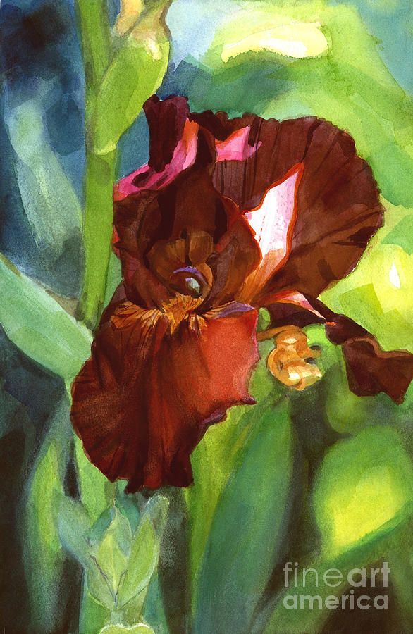 Iris Painting - Watercolor of a tall Iris in Burgundy Red by Greta Corens
