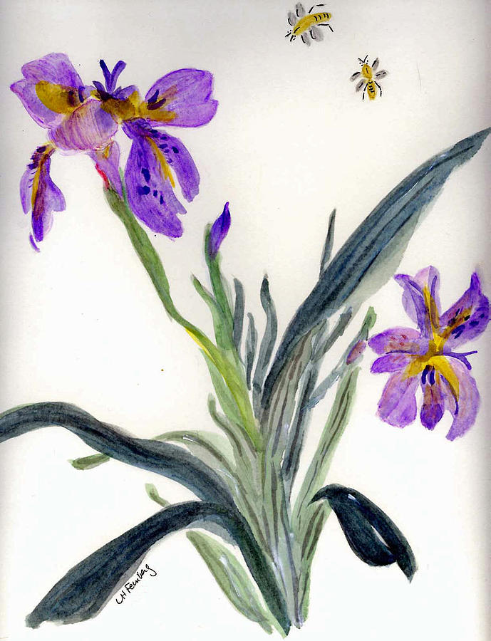 Iris with two bees Painting by Linda Feinberg