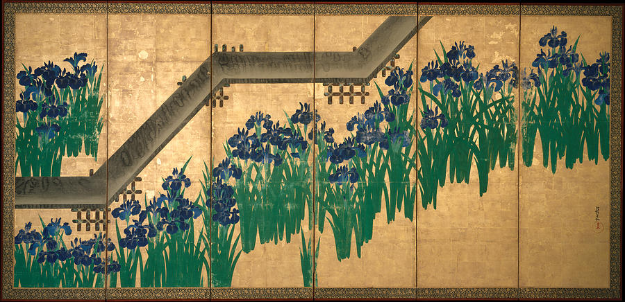Irises at Yatsuhashi. Eight Bridges Painting by Ogata Korin