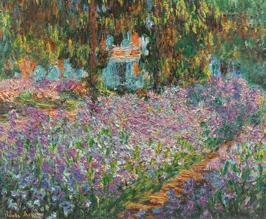 Irises In Monets Garden upszd Painting by L Brown