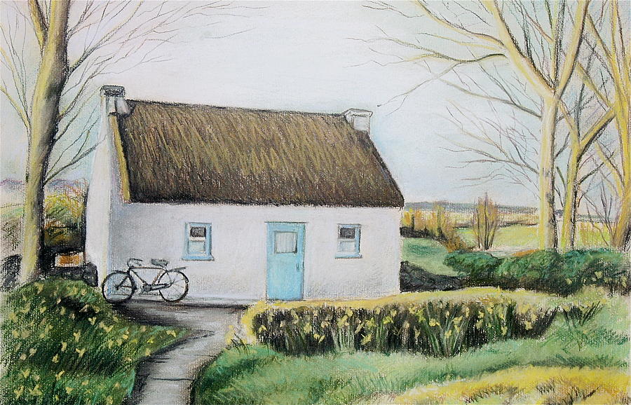 Irish Thatched Roof Cottage with Bicycle Pastel by Melinda Saminski