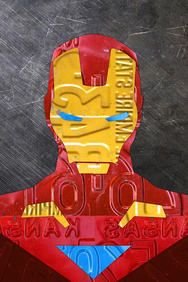 Iron Man Superhero Vintage Recycled License Plate Art Portrait Mixed Media by Design Turnpike