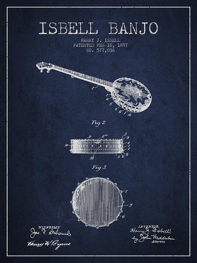 Isbell Banjo Patent Drawing From 1897 - Navy Blue Digital Art