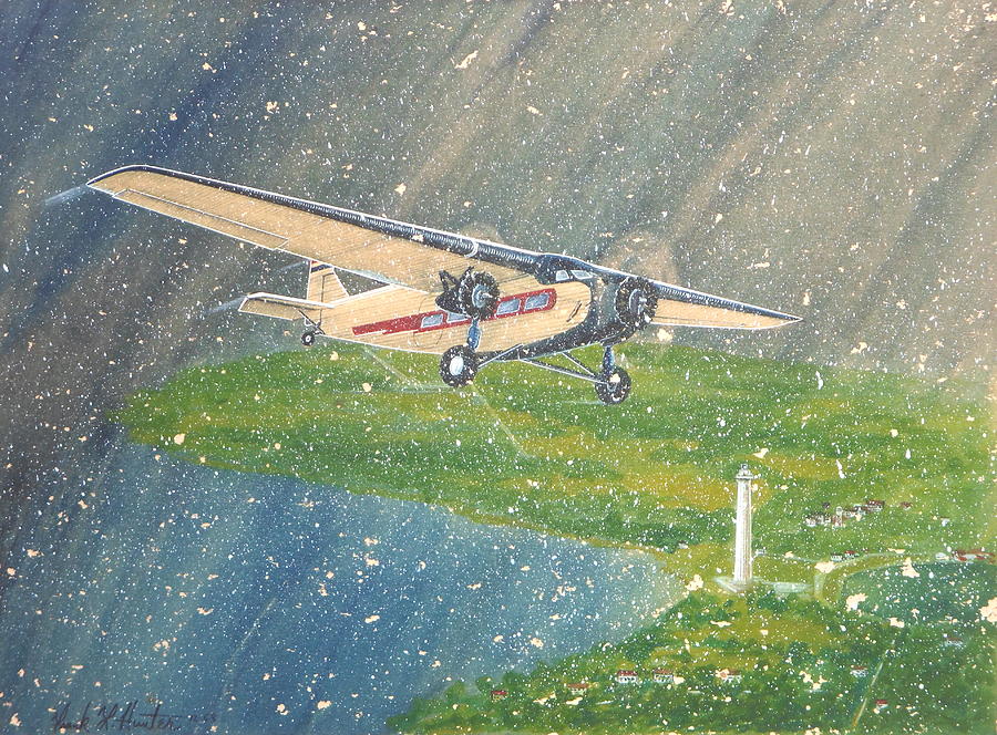 Island Airlines Ford Trimotor over Put-In-Bay In the Winter Painting by Frank Hunter
