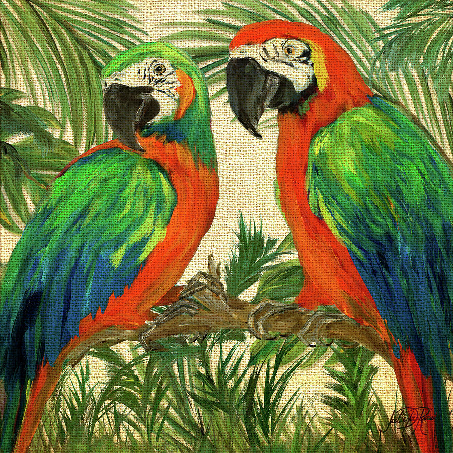 Parrot Painting - Island Birds Square On Burlap I by Julie Derice