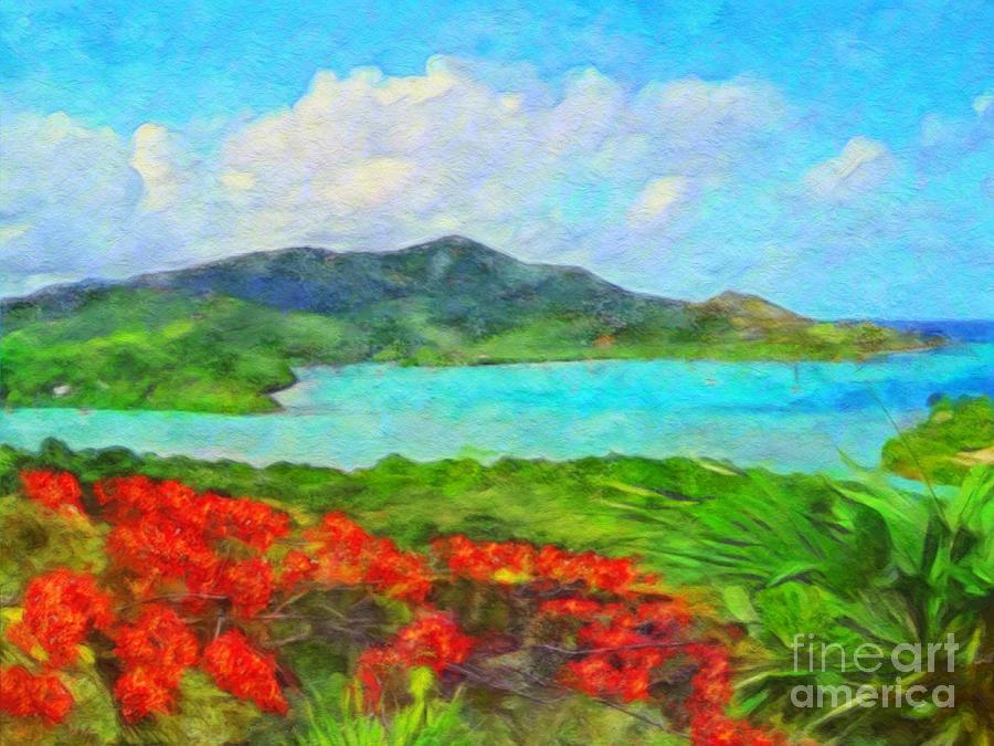 H Island View with Flamboyant - Horizontal  Painting by Lyn Voytershark