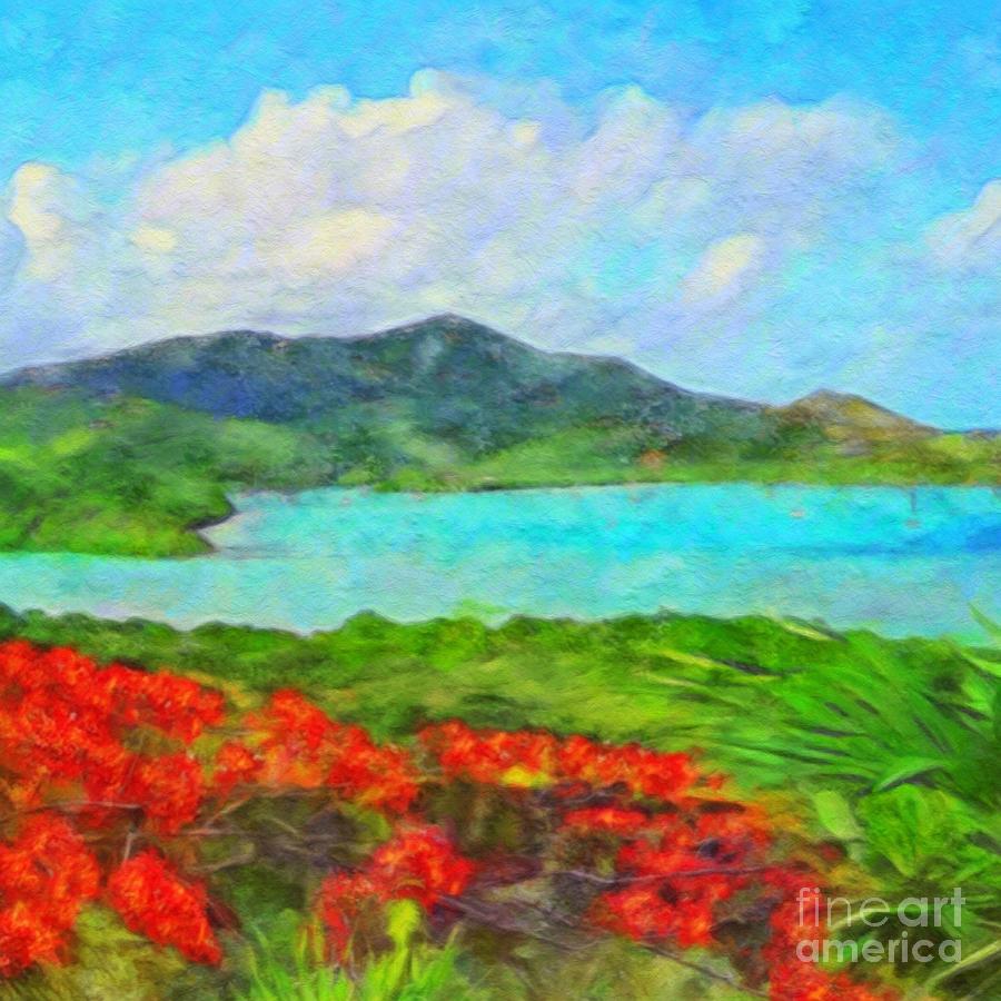 S Island View with Flamboyant - Square Painting by Lyn Voytershark