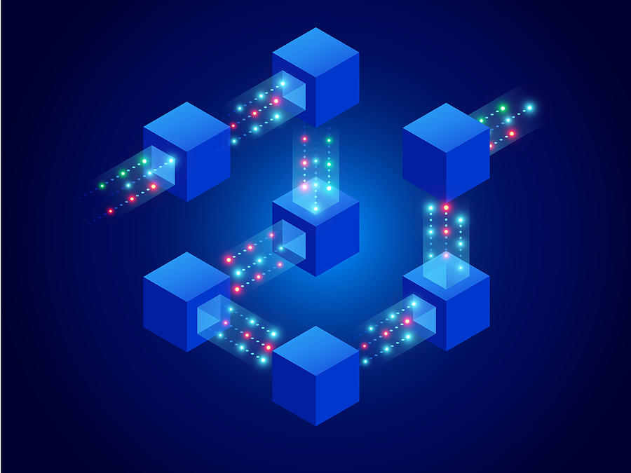 Isometric concept of quantum computers, blockchain, IT technology or coding. Information blocks in cyberspace. Decentralized network. Vector illustration Drawing by OstapenkoOlena
