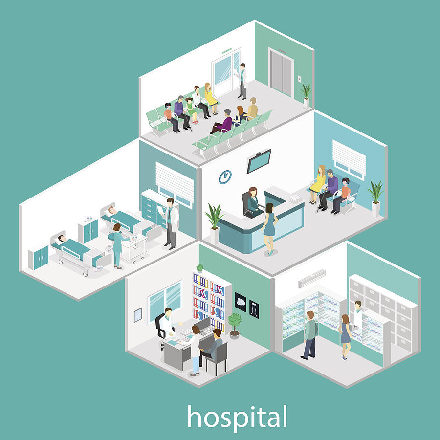 Isometric Flat Interior Of Hospital Room Pharmacy Doctor S Office Waiting Room Reception Doctors Treating The Patient Flat 3d Illustration