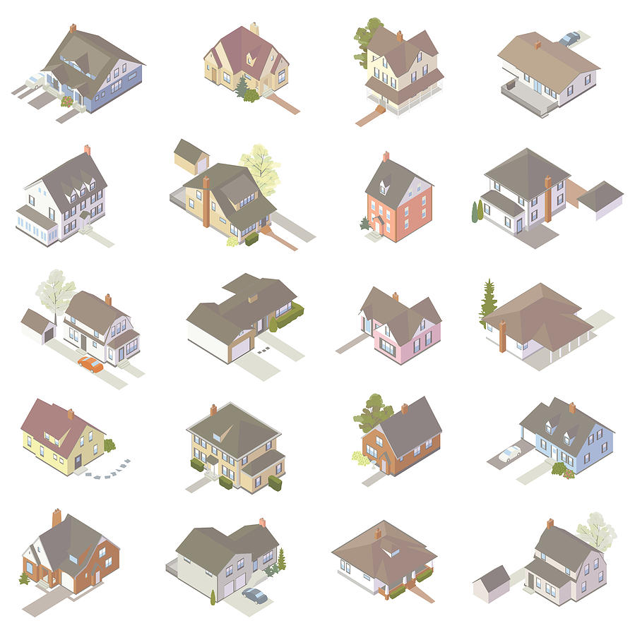 Isometric House Icons Drawing by Mathisworks