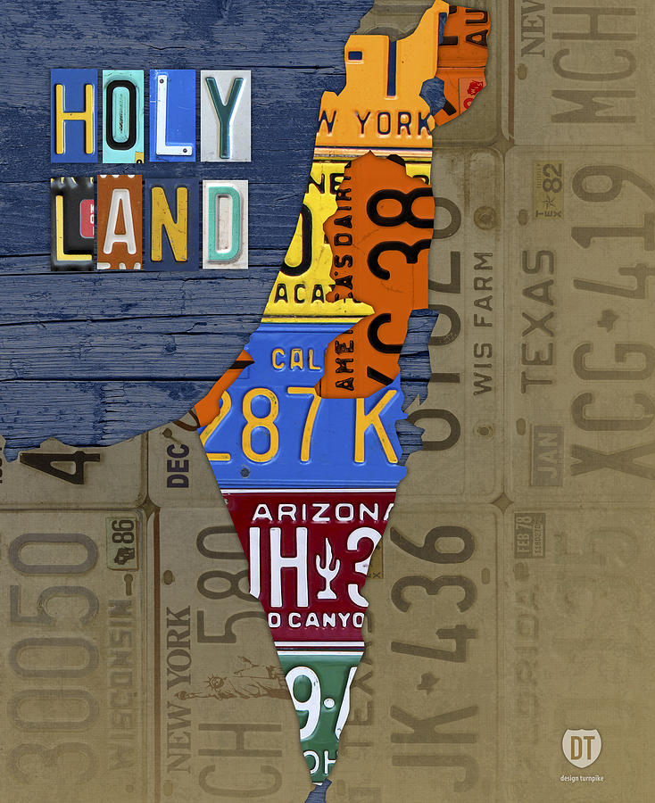 Map Mixed Media - Israel The Holy Land Map Made with Recycled USA License Plates by Design Turnpike