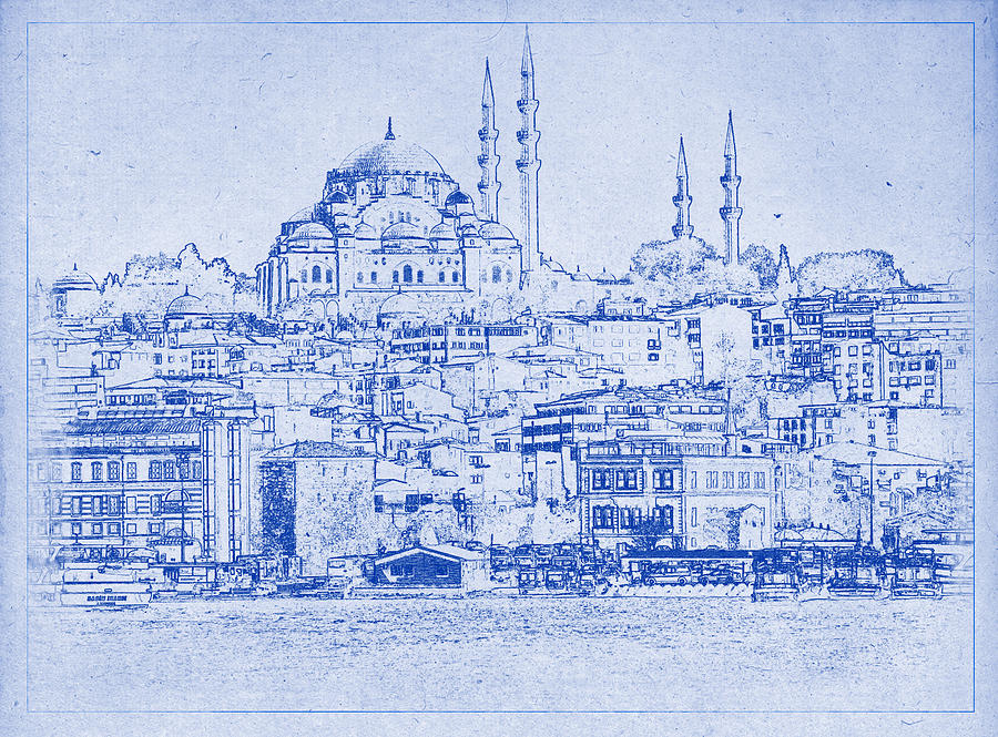 Turkey Photograph - Istanbul Skyline Blueprint by Kaleidoscopik Photography