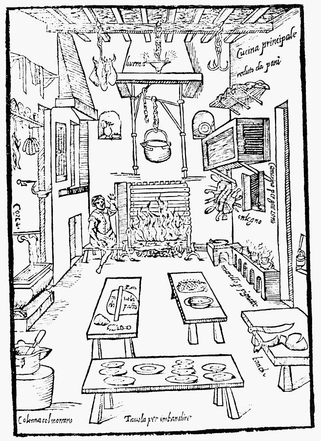 Italian Kitchen, 1570 Painting by Granger