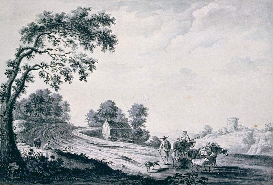 Figure Photograph - Italian Landscape With Peasants And Animals On A Road Drawing by William Beilby