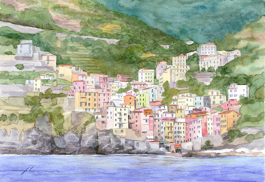 Italian Seaside Village Watercolor Painting Drawing by Mike Theuer Italian Seaside Village Watercolor Painting Drawing by Mike Theuer