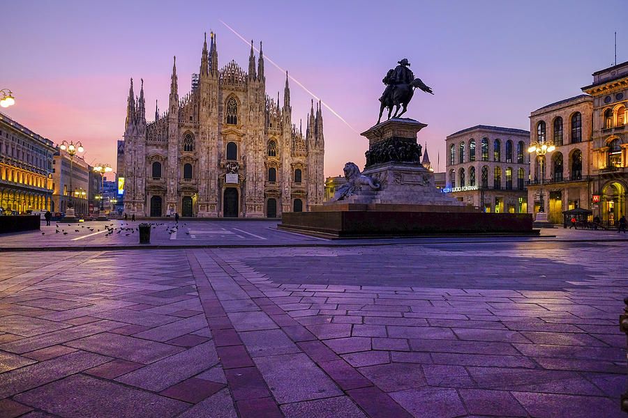 Italy, Milan, Cathedral with equestrian statue Vittorio Emanuele II in the morning Photograph by Westend61