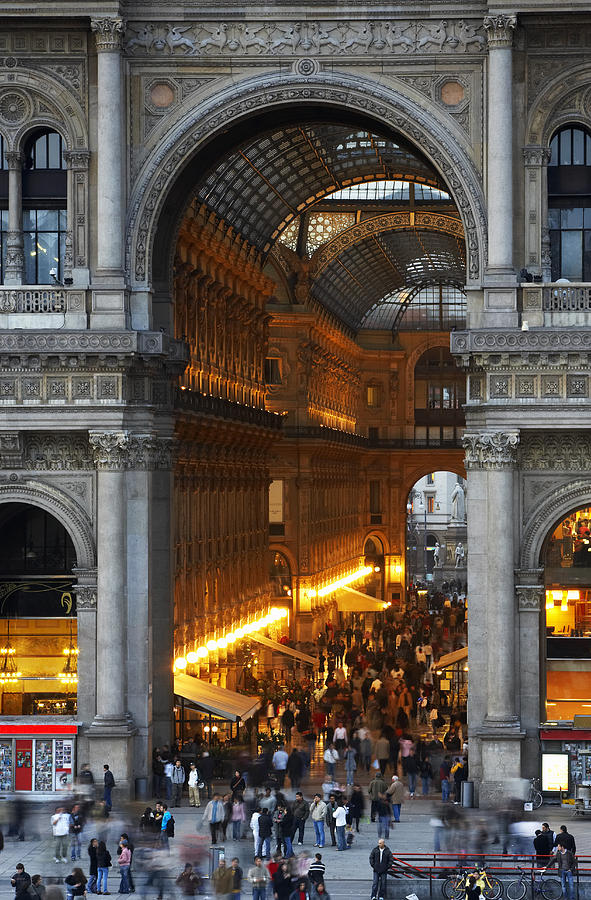 Italy, Milan, Galleria Vittorio Emanuele entrance, elevated view, dusk Photograph by Allan Baxter