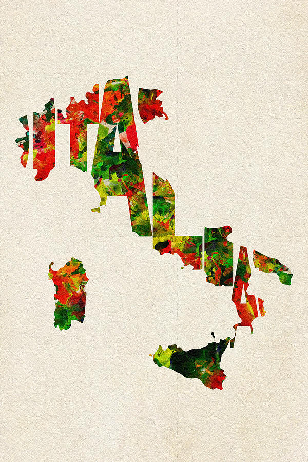 Italy Typographic Watercolor Map Painting by Inspirowl Design