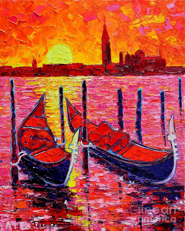 Italy - Venice Gondolas - Abstract Fiery Sunrise  Painting by Ana Maria Edulescu