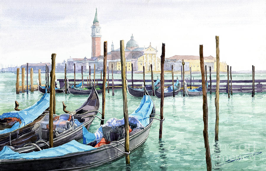 Landscape Painting - Italy Venice Gondolas Parked by Yuriy Shevchuk