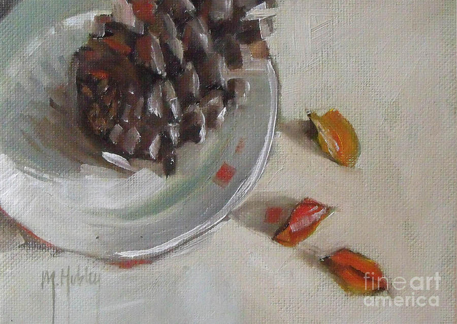 Pine cone still life on a plate Painting by Mary Hubley