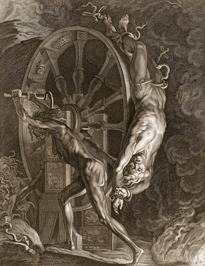 Bernard Picart Drawing - Ixion In Tartarus On The Wheel, 1731 by Bernard Picart