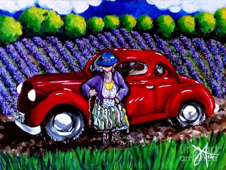 J. C. 1931 Fishing in Red Grandma Old Car Lavender Fields Jackie Carpenter Painting by Jackie Carpenter