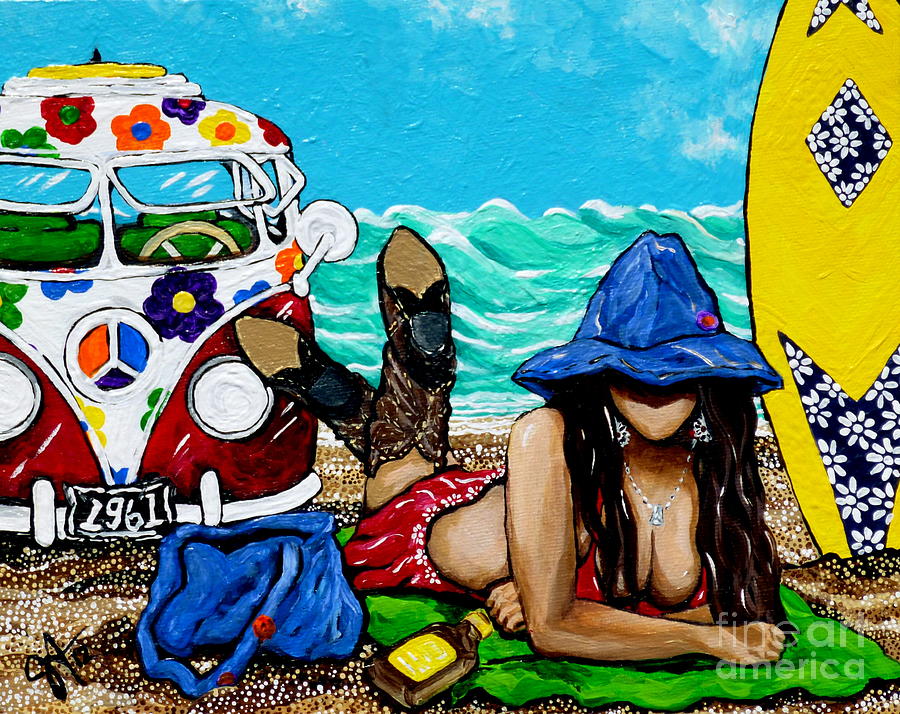 Beaching It 1961 Hippies Hippy  Van Surfboard Beach Woman Western Jackie Carpenter Bright Gift Gifts Painting by Jackie Carpenter