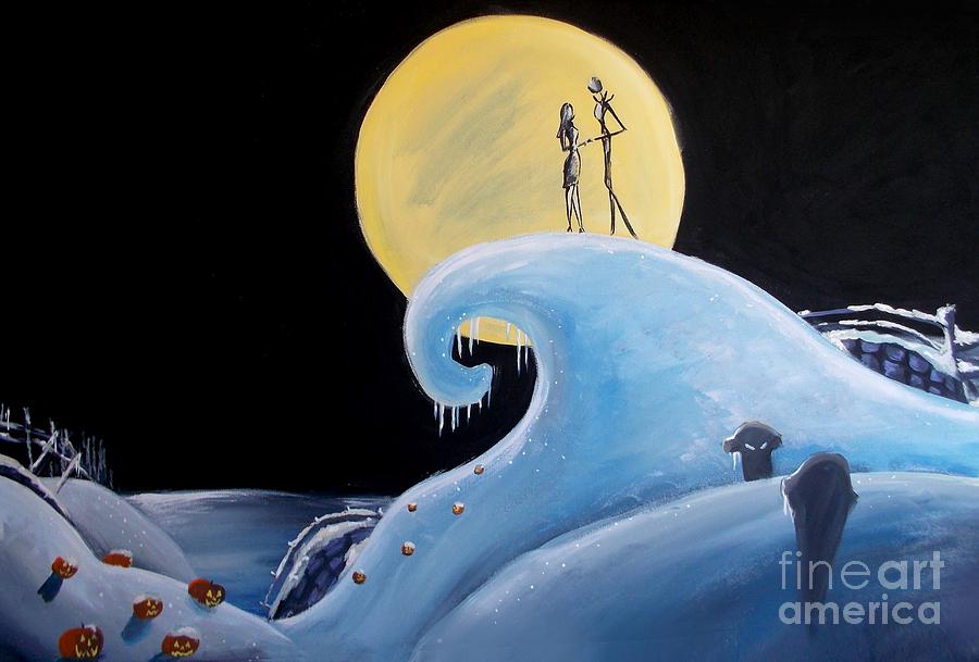 Christmas Painting - Jack and Sally Snowy Hill by Marisela Mungia