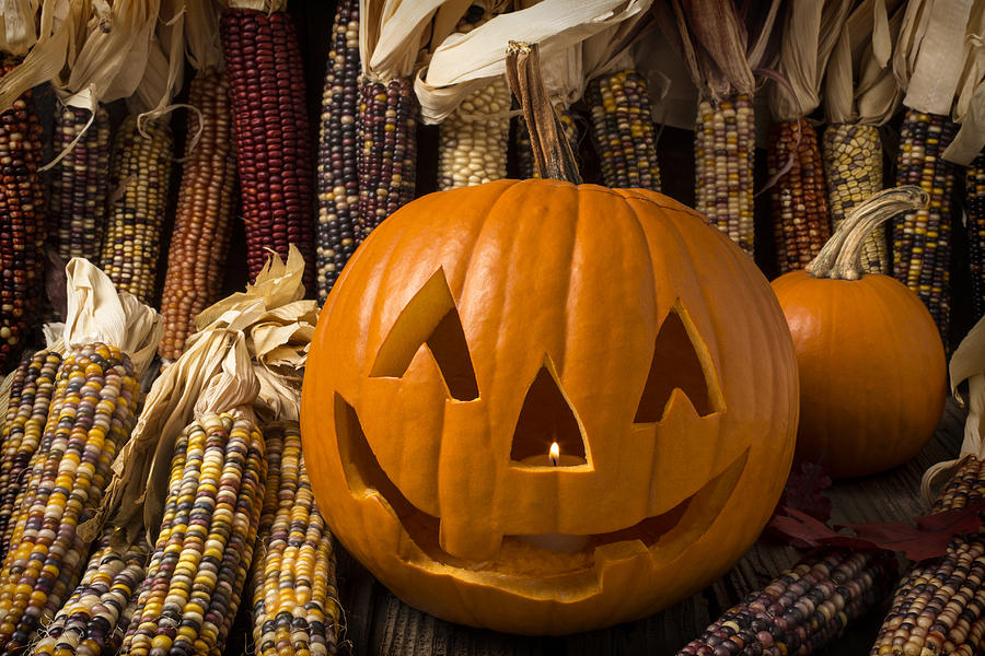 Halloween Photograph - Jack-O-lantern and Indian corn  by Garry Gay