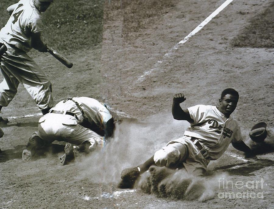 Jackie Robinson sliding home Photograph by Vintage Collectables