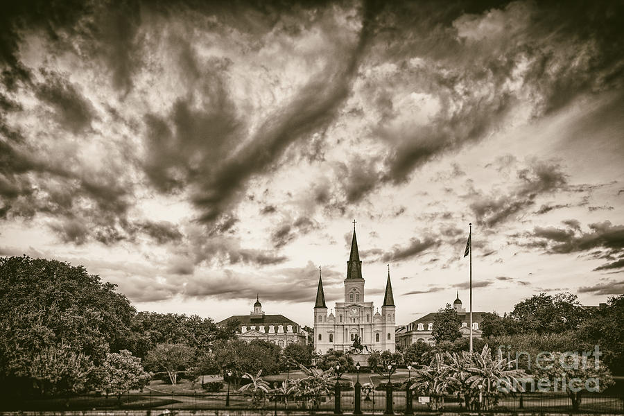 St. Louis Photograph - Jackson Square and St. Louis Cathedral in Black And White - New Orleans Louisiana by Silvio Ligutti