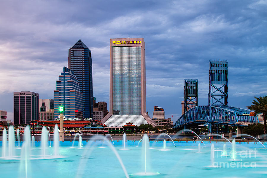 Jacksonville Photograph - Jacksonville Florida city skyline at the Friendship Park Fountain by Dawna Moore Photography